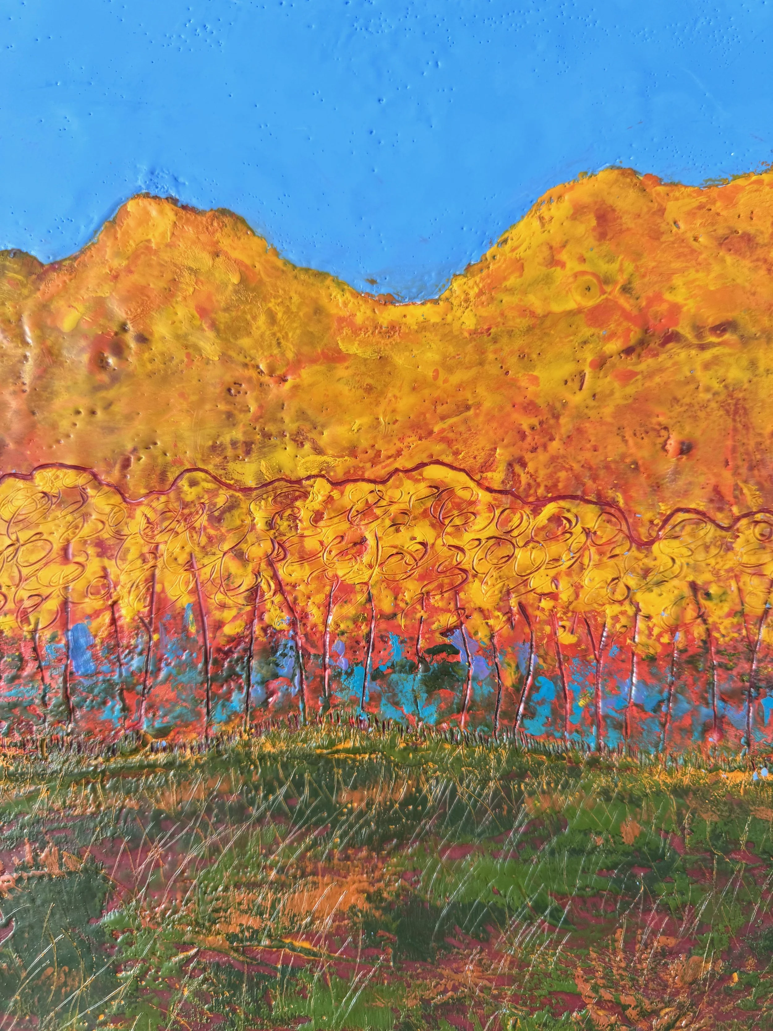 encaustic painting of peak foliage season in Vermont with brightly